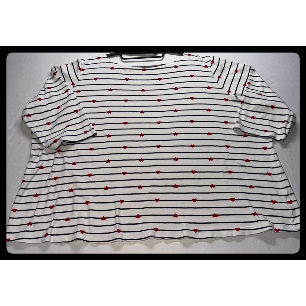 Croft & Barrow Top Women 3X White Striped Heart 3/4 Sleeve Tee Valentine